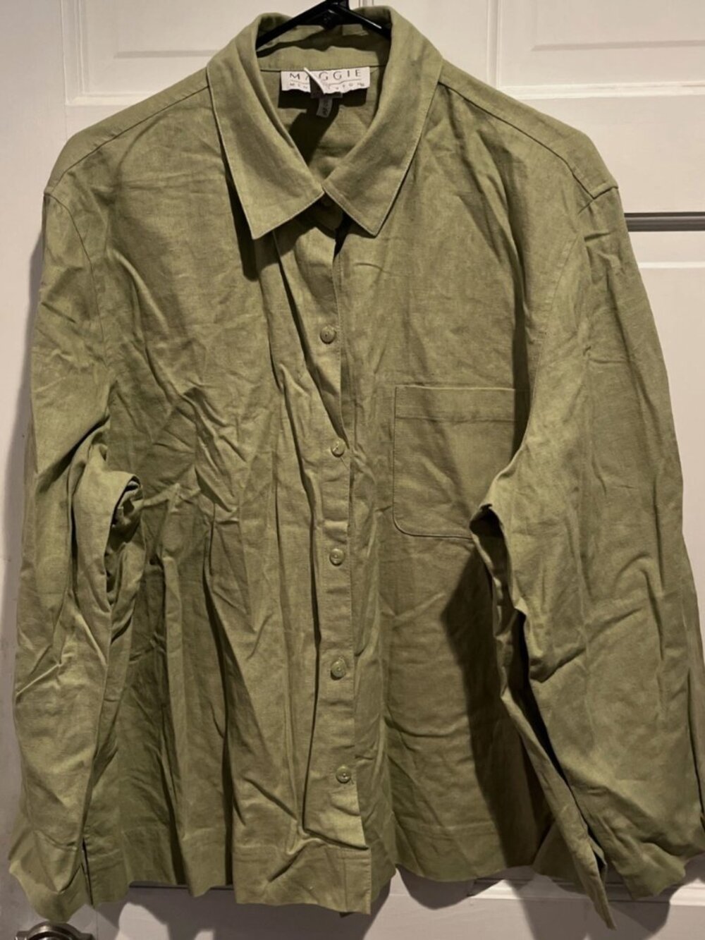 Maggie Mc Naughton Women Size 2X Green Top Blouse Shirt Linen Button Up